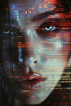 Beautiful cyborg woman, face closeup, holographic cyberpunk, ascii style glitch, simplex noise background.