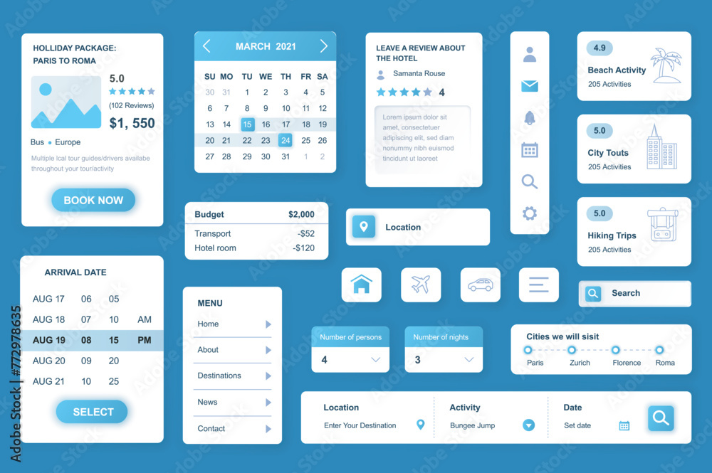 Poster user interface elements set for travel agency mobile app or web. kit template with hud, calendar, to