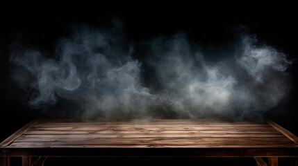 Smoke rising from a wooden table in the darkness - obrazy, fototapety, plakaty