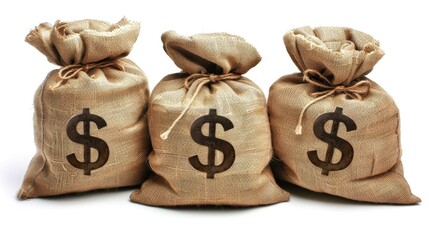 Three rustic burlap money bags with dollar signs, isolated.