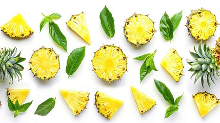 Pineapple pieces and leaves arranged on a white background.