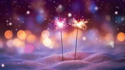 sparkles in the snow with lights in the background - obrazy, fototapety, plakaty