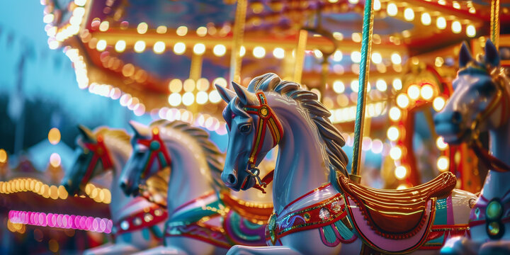 A image of a colorful carnival carousel with spinning horses and bright lights, capturing the excitement and nostalgia of a fairground ride