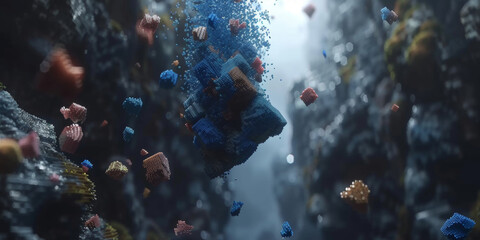 A colorful, abstract image of a rock formation with many different colored spheres. The image has a dreamy, surreal quality to it, with the spheres floating in the air