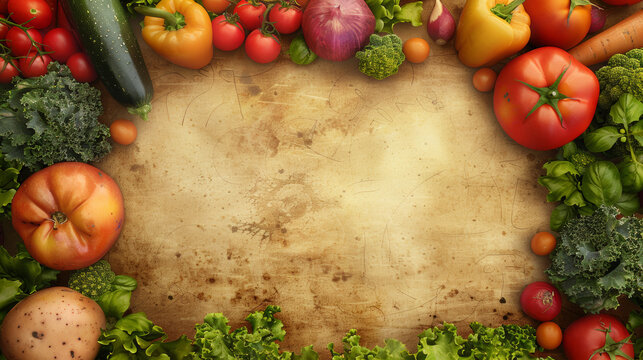 A picture of a variety of vegetables and fruits, including tomatoes, broccoli, and carrots. The image has a rustic, vintage feel to it, with a focus on the natural beauty of the produce