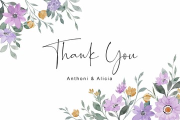 Thank You Card With Watercolor Purple Floral Border