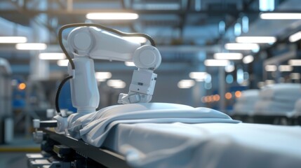 Automated clothing factory. Fashion industry. Modern robotic clothing production. Automated hand sewing clothes