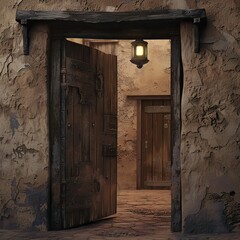 Fototapeta na wymiar old two-leaf wooden door slightly open to an old clay village with a lantern