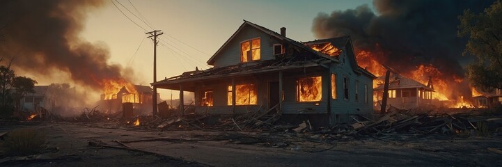 Destroyed homes and property after a firestorm passes - obrazy, fototapety, plakaty