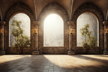 Fototapeta premium Old antique building with high columns, view from the inside. Generated by artificial intelligence
