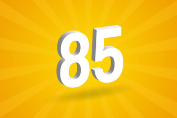 3D 85 number font alphabet. White 3D Number 85 with yellow background