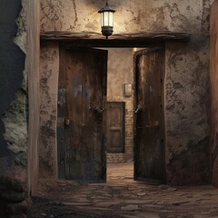 Fototapeta na wymiar old two-leaf wooden door slightly open to an old clay village with a lantern
