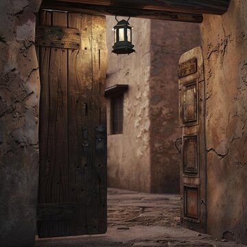 old two-leaf wooden door slightly open to an old clay village with a lantern