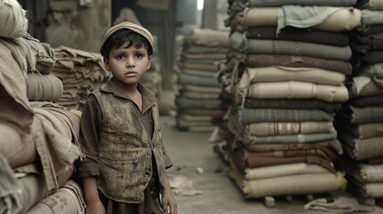 A small boy in worn-out clothing stands beside towering stacks of fabric in a textile factory, his job to tirelessly sort and fold, a reflection of the dire circumstances forcing children into labor. - obrazy, fototapety, plakaty