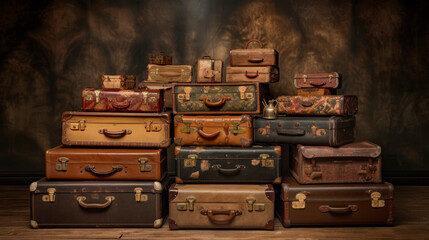 Old suitcases stacked on a wooden floor