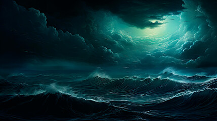 Bright heavenly light over dark ocean in a painting - Powered by Adobe