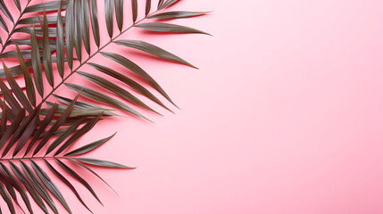 Close up of a palm leaf on a pink background