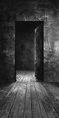 A black and white photo of a doorway with a wooden floor. The doorway is open, and the room is empty. Scene is eerie and mysterious, as the viewer is left to imagine what could be behind the door