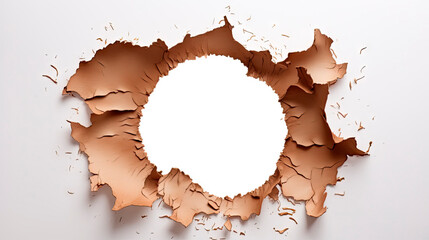 Close-up of ripped paper with a hole on white background
