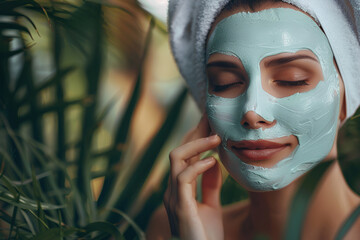portrait of a well-groomed woman, she is happily applying a green mask to her skin. her face is glowing