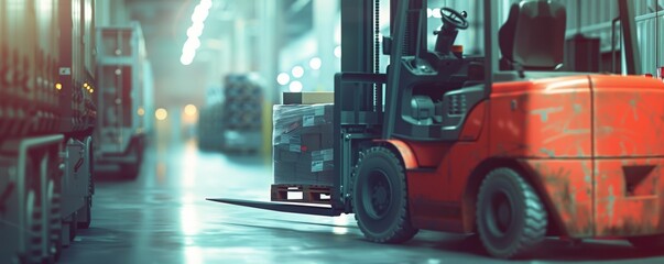 Fototapeta premium Forklift in warehouse aisle moving cargo