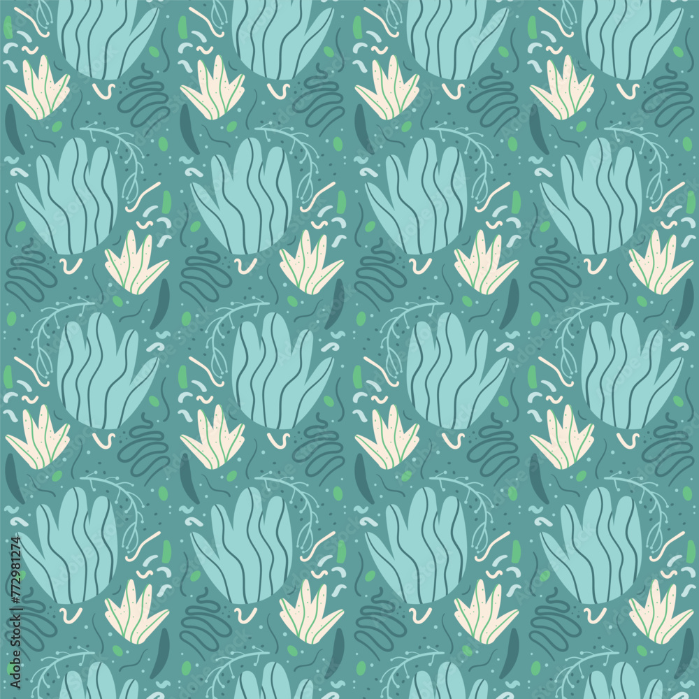 Poster floral geometric stylized retro abstract seamless pattern. flowers elements floating in water tiled 