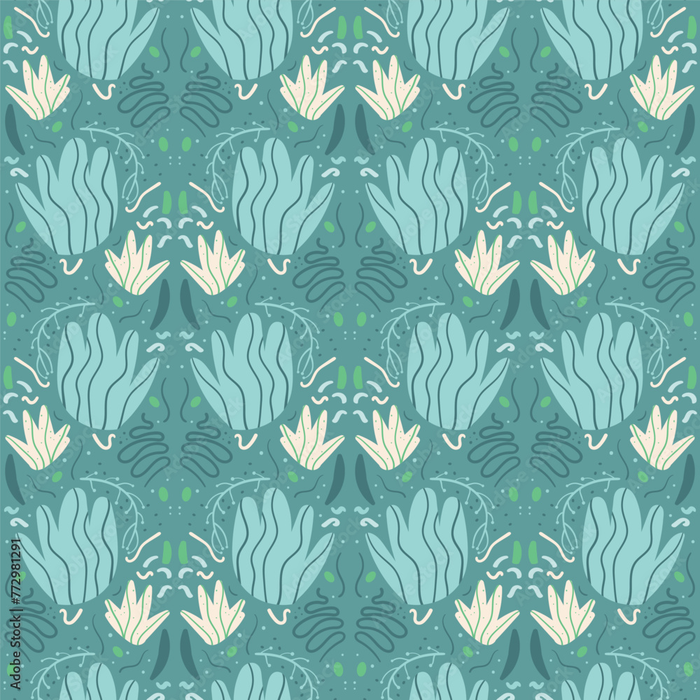 Poster floral geometric stylized retro abstract seamless pattern. flowers elements tiled endless background