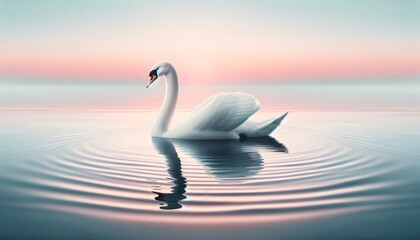 Fototapeta premium White swan on calm water, soft sunrise colors, serene beauty. Serene white swan on clear water, with sunrise painting the sky.