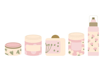 Beauty home spa procedure products set. body cream, cleansing and moisturizing skincare. Skin cosmetics bottles, containers and spray. Vector illustration