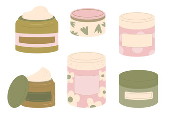 Face and body cream jars set isolated on white background. Beauty home procedure product. Moisturizing serum. Vector illustration.