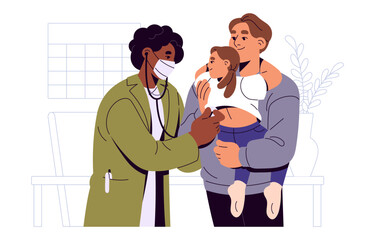 Pediatrician examines baby with stethoscope. Parent holds little girl on hands, pediatric doctor hears heartbeat, breath. Medic works in kid health care. Flat isolated vector illustration on white