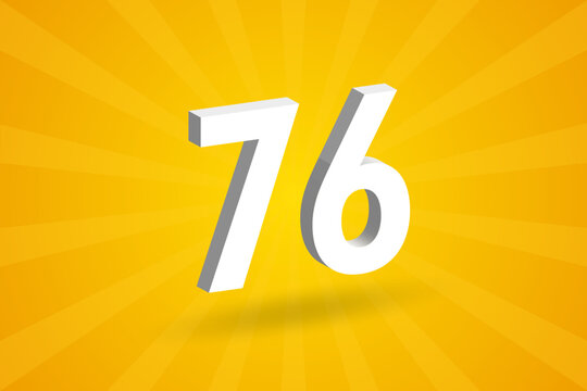 3D 76 number font alphabet. White 3D Number 76 with yellow background