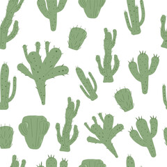 Cactus doodle seamless pattern. Mexican exotic plant endless background. Nopal repeat cover. Vector flat illustration.