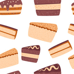 Dessert seamless pattern. Slices of cake. Sweet chocolate bakery piece. Pastry endless background. Vector pie repeat cover illustration.