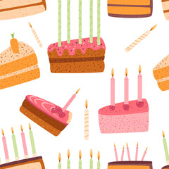 Birthday cakes seamless pattern. Celebration sweet bakery piece. Holiday pastry dessert slices with cream endless background. Vector festive repeat cover illustration.