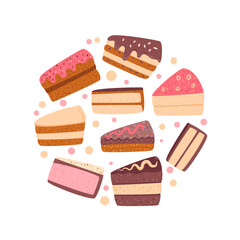 Slice of cakes circle composition. Sweet bakery piece round emblem. Pastry dessert with cream. Vector pie flat illustration isolated on white background