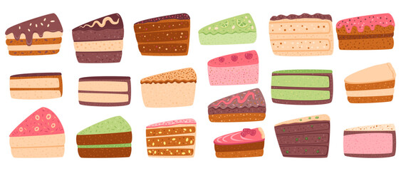 Cakes set isolated on white background. Sweet bakery pieces collection. Pastry dessert with cream. Vector pie flat illustration