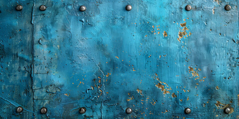 A blue wall with a lot of holes and rust. The wall is made of metal and has a lot of holes in it - obrazy, fototapety, plakaty
