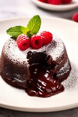 Chocolate lava cake with raspberry, chocolate is flowing out of cake on to white plate, garnished with mint leaf and icing sugar, restaurant menu food photography 