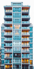 Fototapeta na wymiar A tall building with many windows and balconies. The building is lit up at night, giving it a bright and lively appearance
