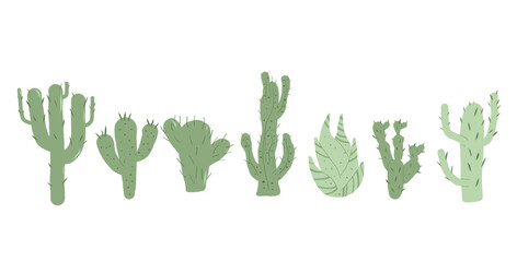 Cactus set isolation on white background. Mexican cacti and aloe. Exotic various plants collection Vector hand drawn illustration