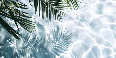 Light clean transparent water surface background wallpaper with tropical leaves shadow