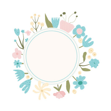 Floral wreath isolated on white background. Spring flowers frame. Circle border of bouquet. Vector illustration.