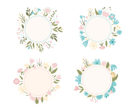 Floral wreath set isolated on white background. Spring flowers frames collection. Circle scribble border of bouquet. Vector flat illustration.