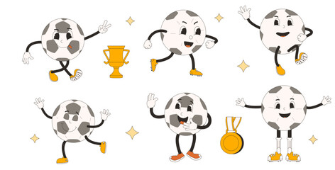Fototapeta premium Football ball groovy characters set isolated on white background. Soccer retro mascots. Rubber hose animation style cartoon sport equipment Cute vintage anthropomorphic. Vector flat illustration