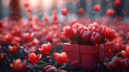 Red tulips in a gift box with glowing particles