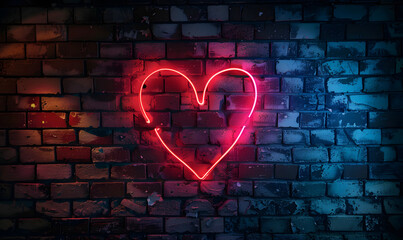Radiant neon heart shaped frame rustic brick wall background for Valentine Day , Generative AI
