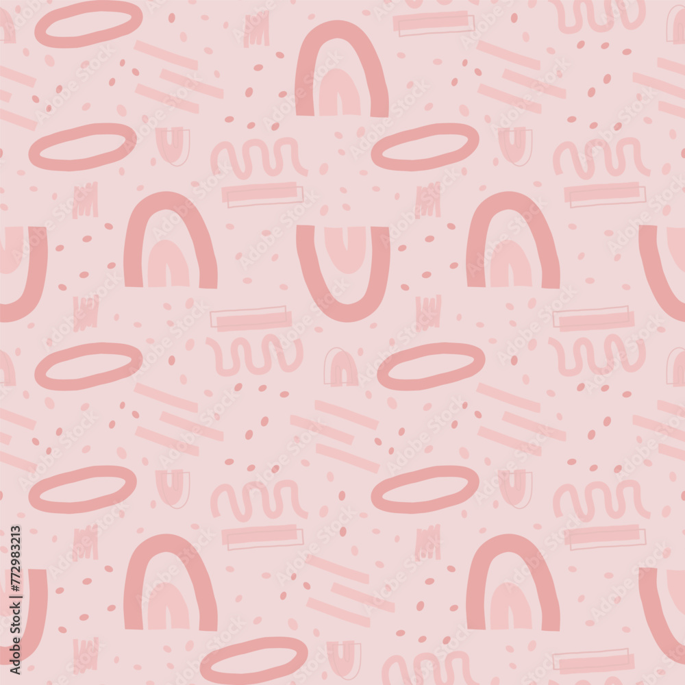 Poster abstract pink geometric seamless pattern. scribble childish elements endless background. doodle styl