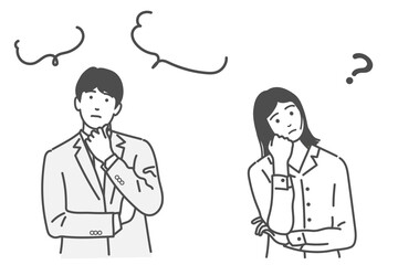 迷う、考える、悩む、疑問に思う男女、人物のベクターイラストセット　モノクロ、白バック、背景なし、手書きのふきだし