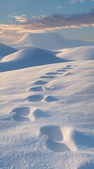 Footprints leading through the snow-covered dunes at sunrise